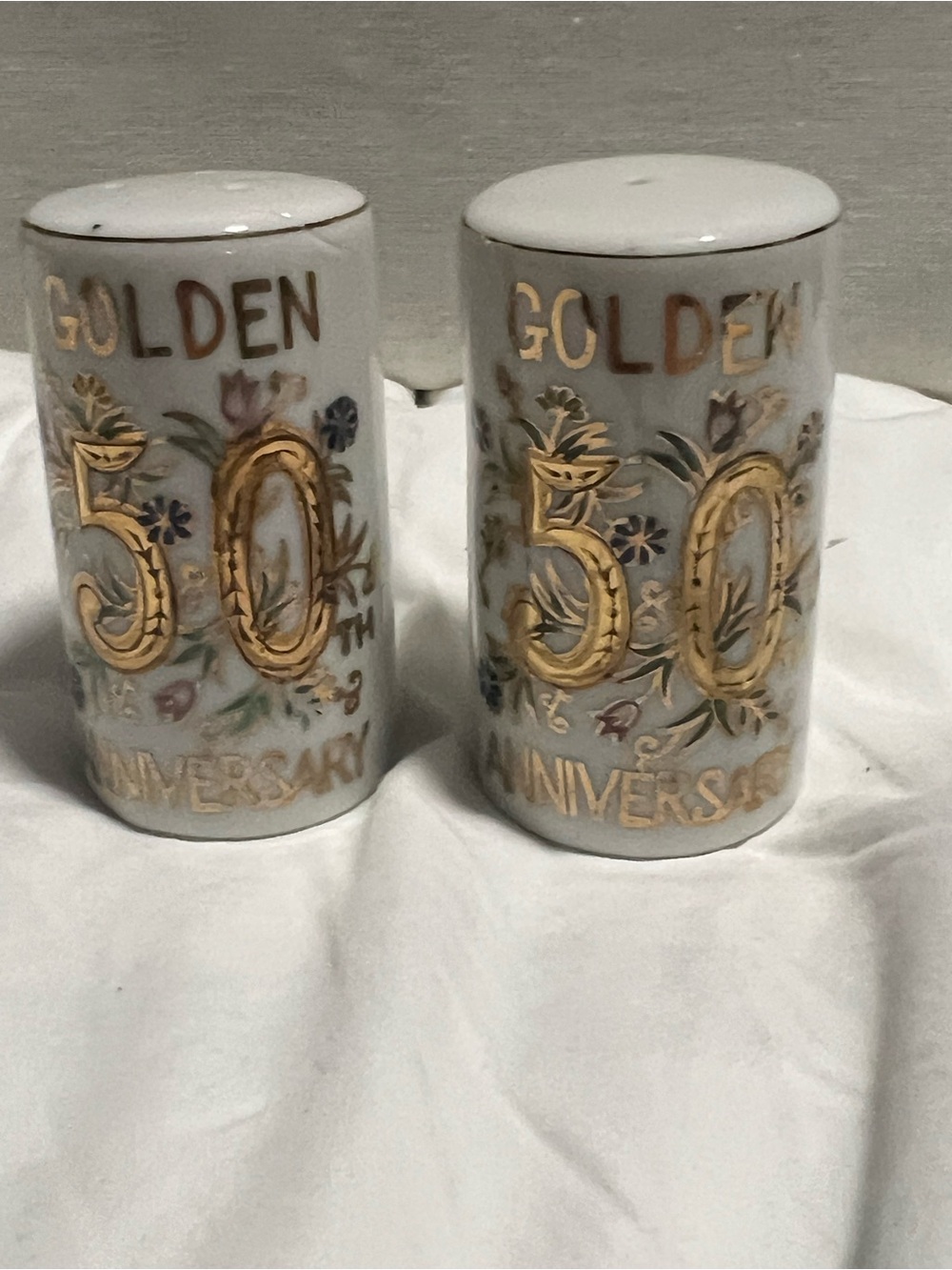 vintage hand-painted porcelain 50th Golden Anniversary salt and pepper shakers
